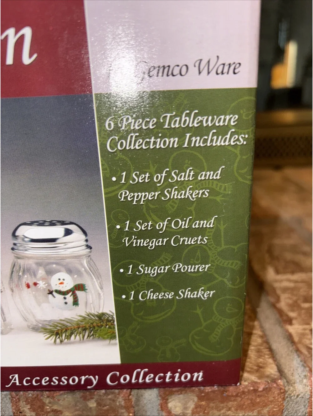 Gemco Ware SNOWMAN COLLECTION Christmas 6pc Salt Pepper Oil Vinegar Sugar Cheese